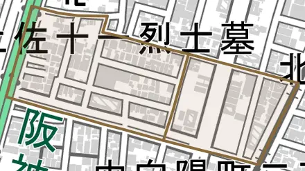北向陽町とその周辺の地図。町の範囲を重ねている