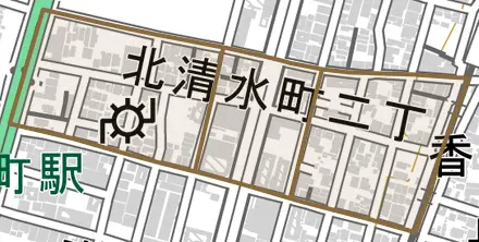 北清水町とその周辺の地図。町の範囲を重ねている