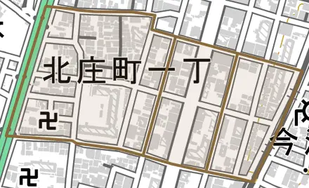 北庄町とその周辺の地図。町の範囲を重ねている