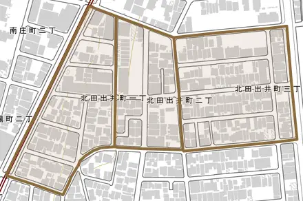 北田出井町とその周辺の地図。町の範囲を重ねている