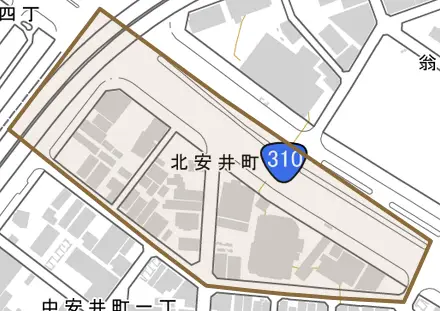 北安井町とその周辺の地図。町の範囲を重ねている