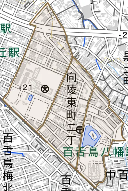 向陵東町とその周辺の地図。町の範囲を重ねている
