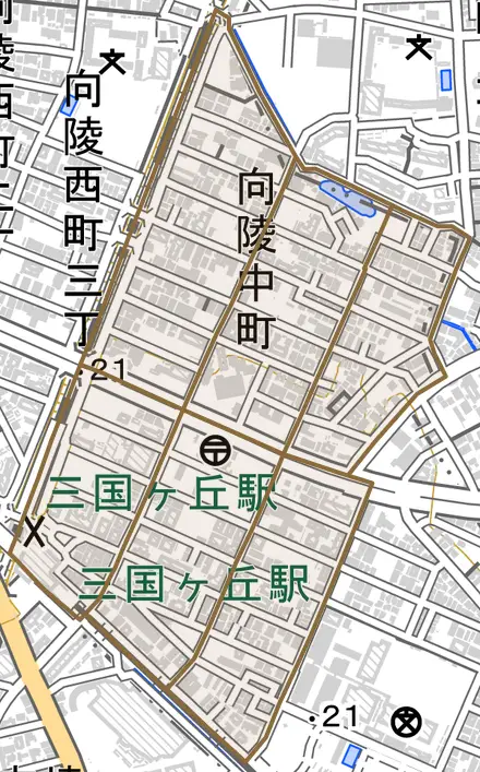 向陵中町とその周辺の地図。町の範囲を重ねている