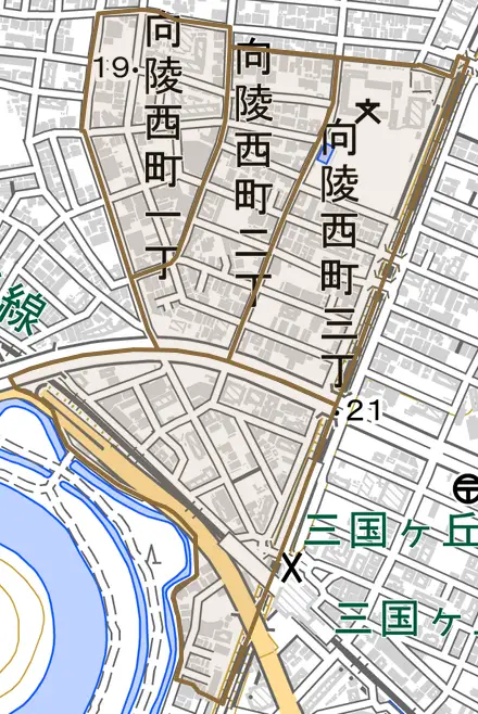 向陵西町とその周辺の地図。町の範囲を重ねている