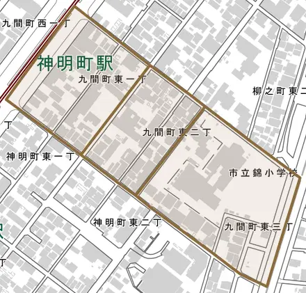 九間町東とその周辺の地図。町の範囲を重ねている