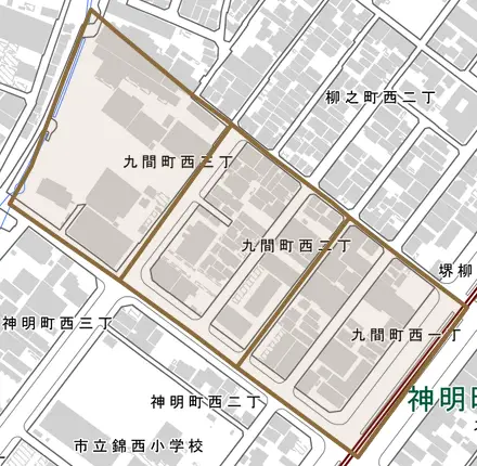 九間町西とその周辺の地図。町の範囲を重ねている