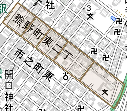 熊野町東とその周辺の地図。町の範囲を重ねている
