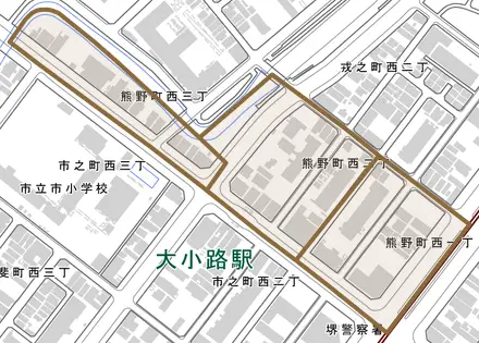 熊野町西とその周辺の地図。町の範囲を重ねている