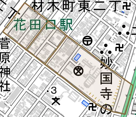 車之町東とその周辺の地図。町の範囲を重ねている