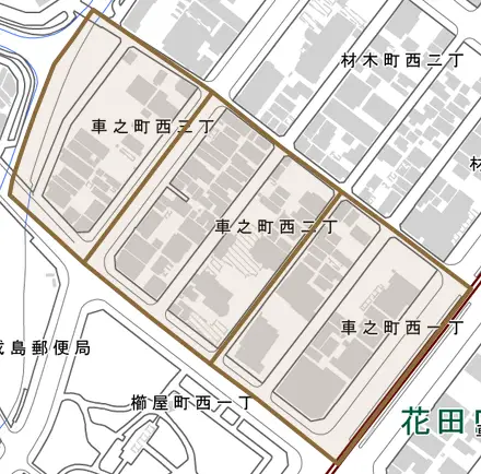 車之町西とその周辺の地図。町の範囲を重ねている