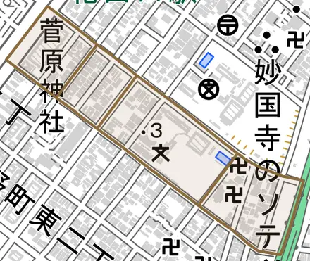 櫛屋町東とその周辺の地図。町の範囲を重ねている