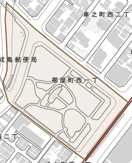 櫛屋町西とその周辺の地図。町の範囲を重ねている