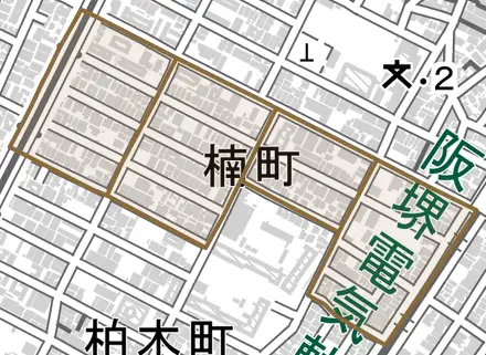 楠町とその周辺の地図。町の範囲を重ねている