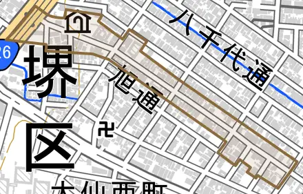 京町通とその周辺の地図。町の範囲を重ねている