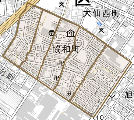 協和町とその周辺の地図。町の範囲を重ねている