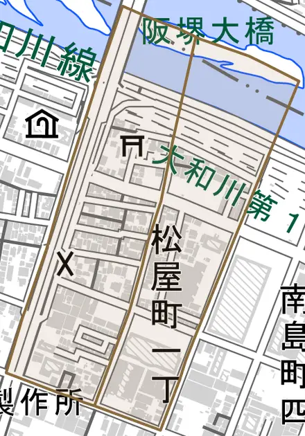 松屋町とその周辺の地図。町の範囲を重ねている