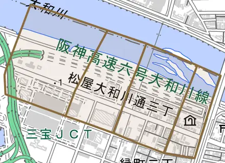 松屋大和川通とその周辺の地図。町の範囲を重ねている