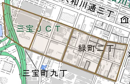 緑町とその周辺の地図。町の範囲を重ねている