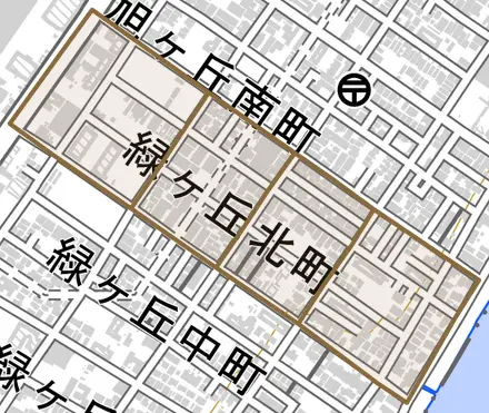緑ヶ丘北町とその周辺の地図。町の範囲を重ねている