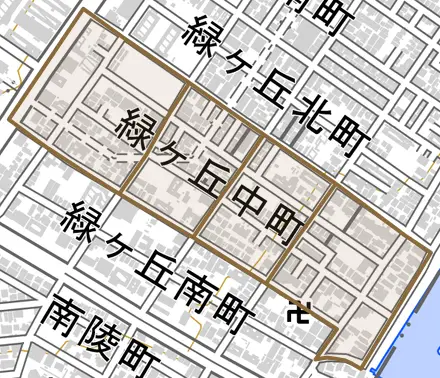緑ヶ丘中町とその周辺の地図。町の範囲を重ねている