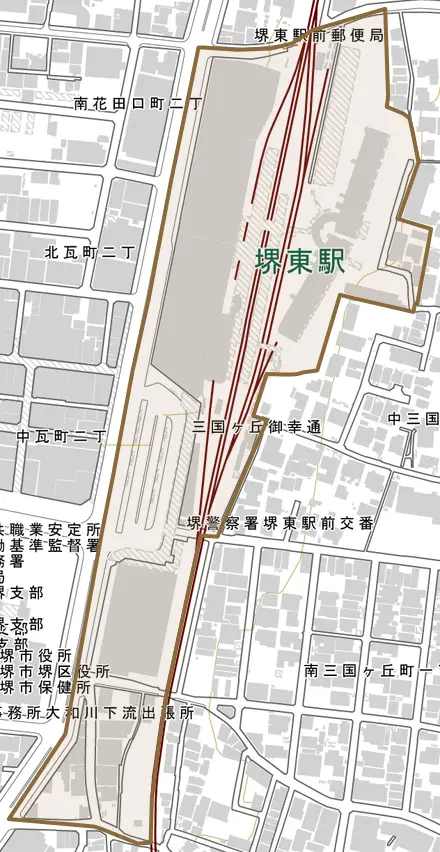 三国ヶ丘御幸通とその周辺の地図。町の範囲を重ねている