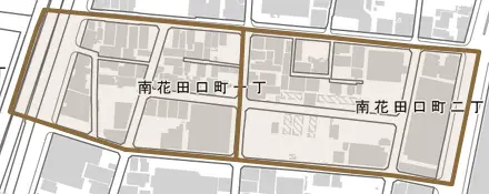 南花田口町とその周辺の地図。町の範囲を重ねている