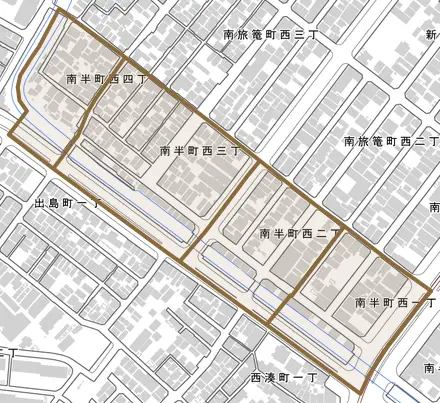 南半町西とその周辺の地図。町の範囲を重ねている