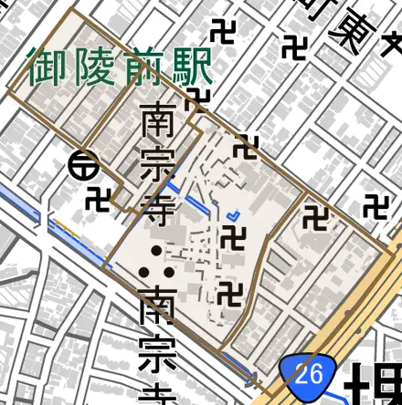 南旅篭町東とその周辺の地図。町の範囲を重ねている
