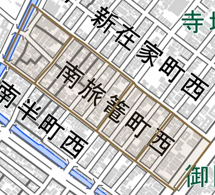 南旅篭町西とその周辺の地図。町の範囲を重ねている