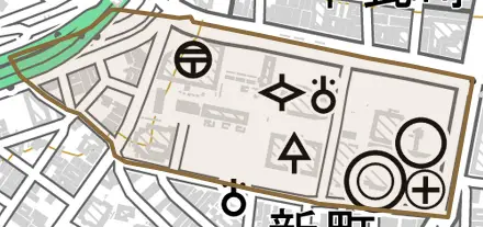 南瓦町とその周辺の地図。町の範囲を重ねている