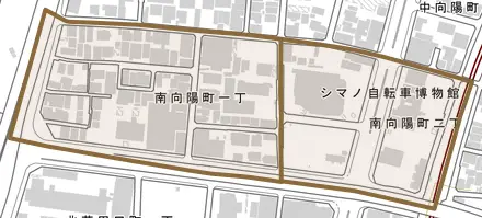 南向陽町とその周辺の地図。町の範囲を重ねている
