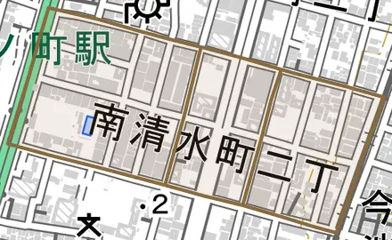 南清水町とその周辺の地図。町の範囲を重ねている