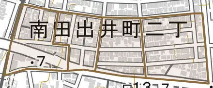 南田出井町とその周辺の地図。町の範囲を重ねている