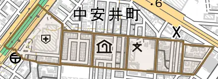南安井町とその周辺の地図。町の範囲を重ねている