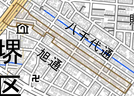 文珠橋通とその周辺の地図。町の範囲を重ねている