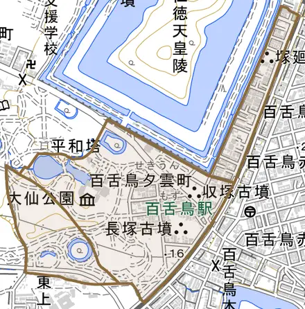 百舌鳥夕雲町とその周辺の地図。町の範囲を重ねている
