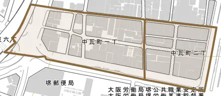 中瓦町とその周辺の地図。町の範囲を重ねている