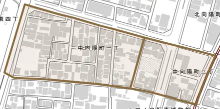 中向陽町とその周辺の地図。町の範囲を重ねている