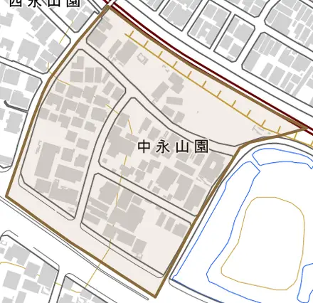 中永山園とその周辺の地図。町の範囲を重ねている
