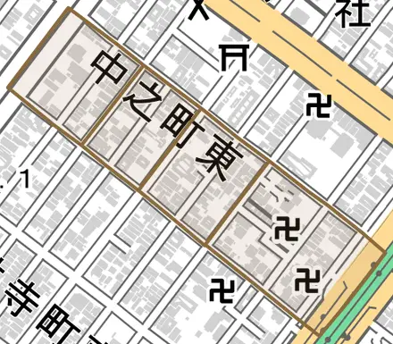 中之町東とその周辺の地図。町の範囲を重ねている