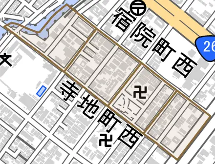 中之町西とその周辺の地図。町の範囲を重ねている