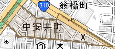 中安井町とその周辺の地図。町の範囲を重ねている