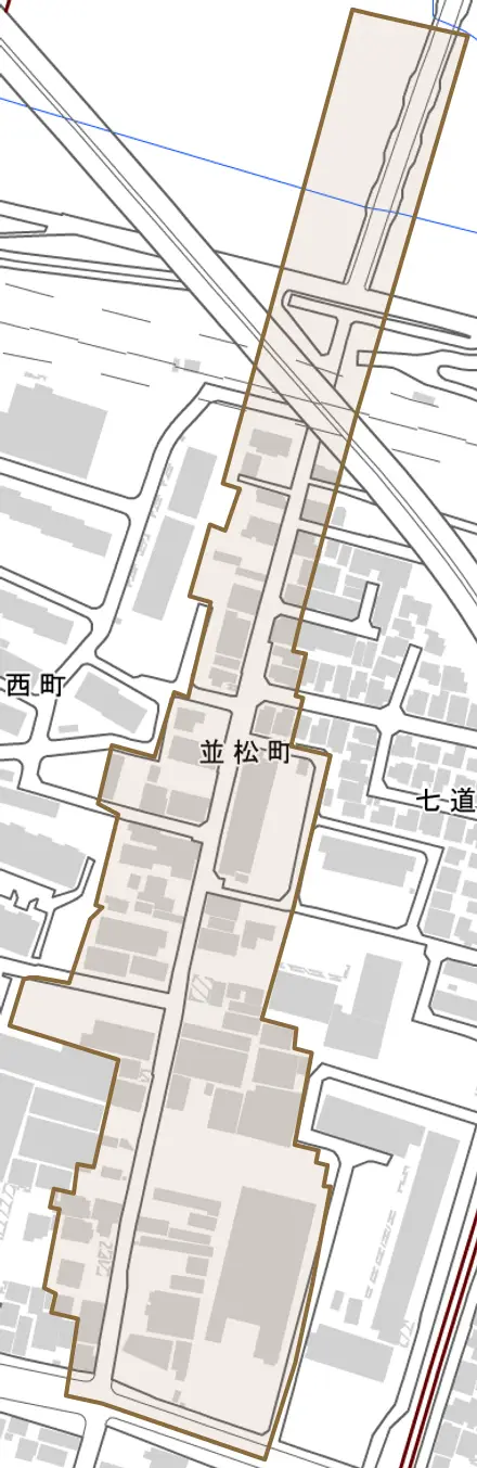 並松町とその周辺の地図。町の範囲を重ねている