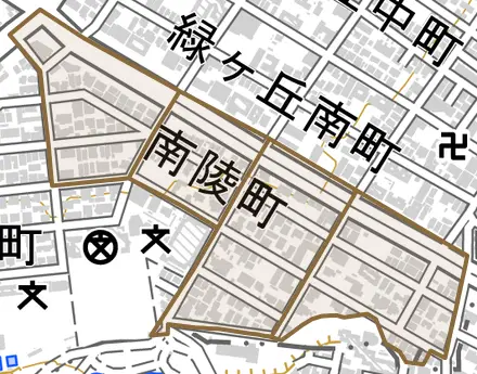 南陵町とその周辺の地図。町の範囲を重ねている