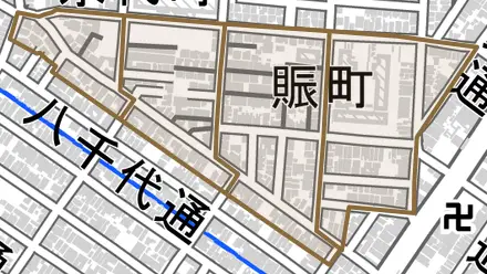 賑町とその周辺の地図。町の範囲を重ねている