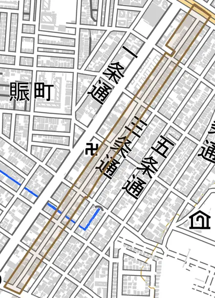 二条通とその周辺の地図。町の範囲を重ねている