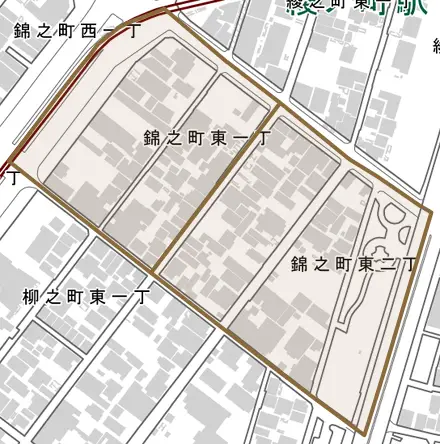 錦之町東とその周辺の地図。町の範囲を重ねている