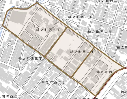 錦之町西とその周辺の地図。町の範囲を重ねている