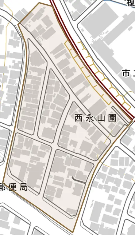 西永山園とその周辺の地図。町の範囲を重ねている