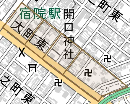 大町東とその周辺の地図。町の範囲を重ねている